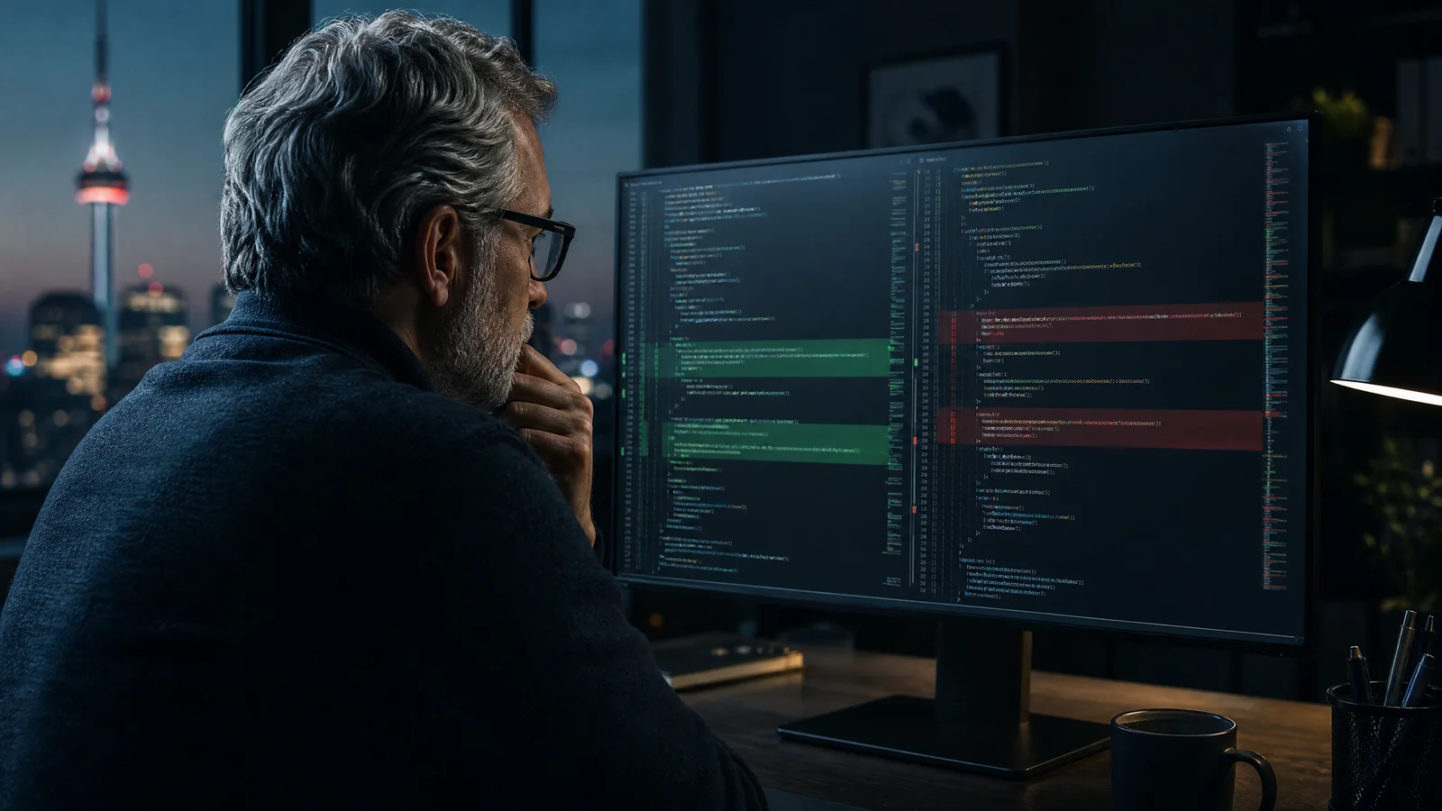 A senior engineer reviewing AI-assisted code